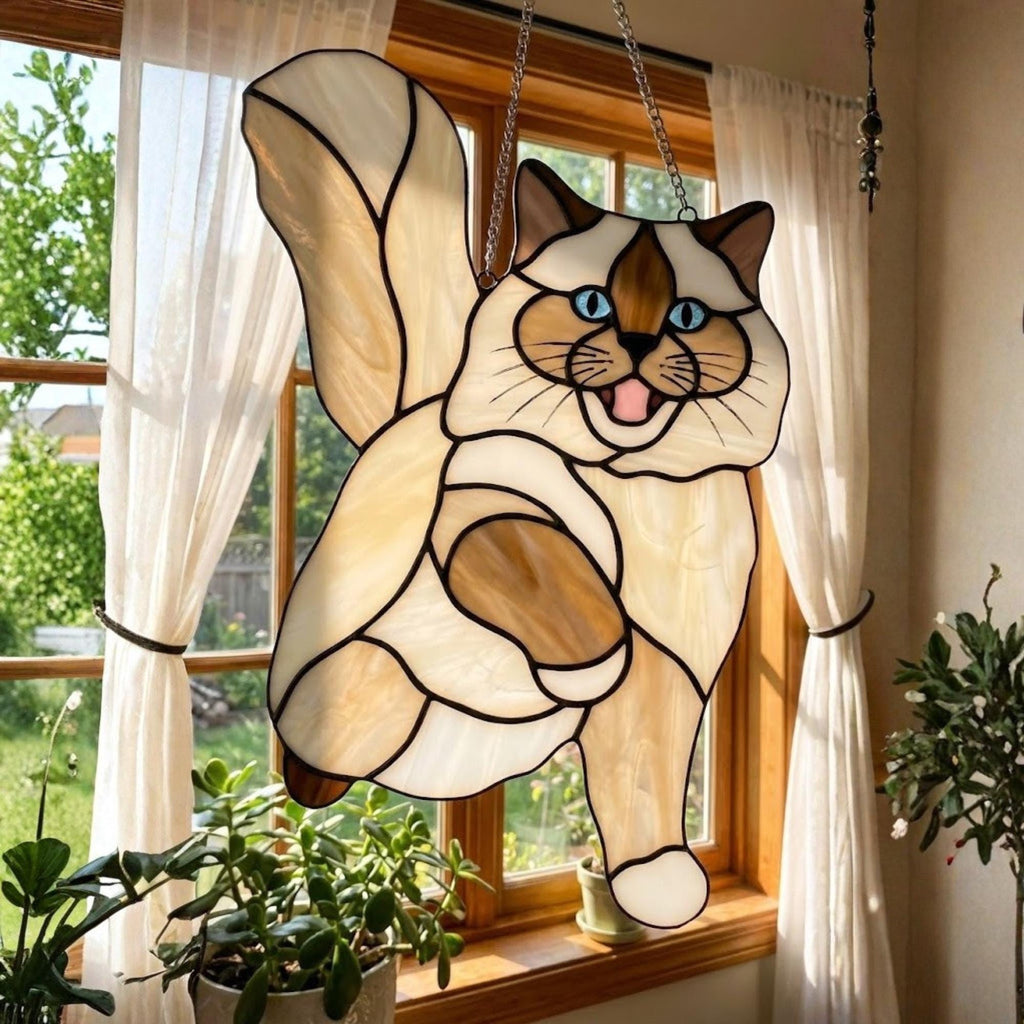 Stained Glass Ragdoll Cat Suncatcher with Wood Stand | Blue Eyes Siamese Cat Memorial Gift | Pet Loss Sympathy Gift for Mom | Desk Decor