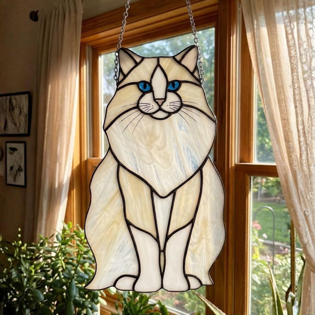 Stained Glass Ragdoll Cat Suncatcher with Wood Stand | Blue Eyes Siamese Cat Memorial Gift | Pet Loss Sympathy Gift for Mom | Desk Decor