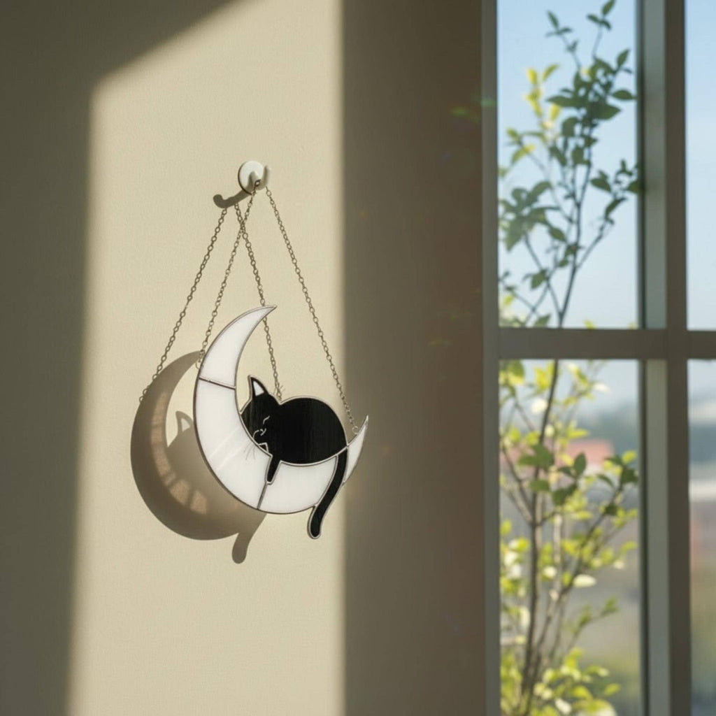 Cat-shaped stained glass moon ornament hanging by open window, soft natural light