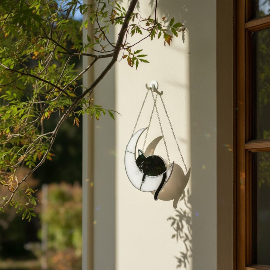 Moon cat ornament glowing in sunlight on window frame, handmade celestial art