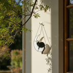 Moon cat ornament glowing in sunlight on window frame, handmade celestial art
