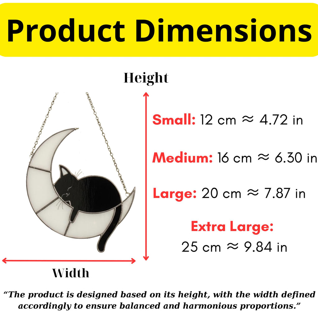 Size chart for stained glass cat moon ornament, available in multiple heights