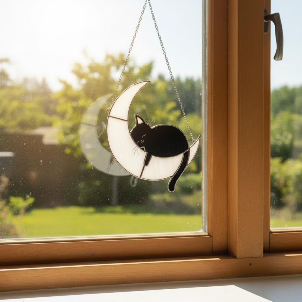 Cat moon suncatcher hanging outside near garden, whimsical outdoor decor