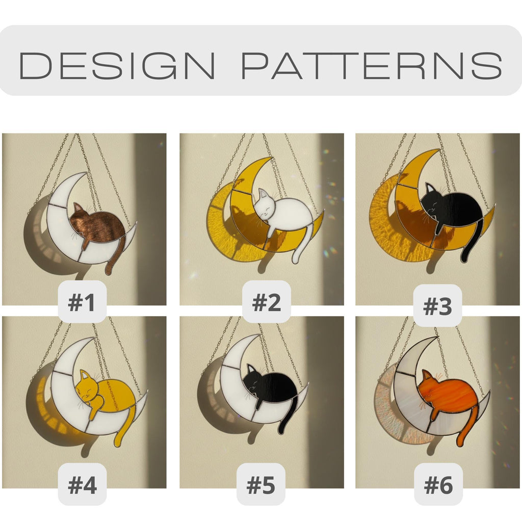 Six design options for stained glass cat on the moon suncatcher, celestial decor patterns