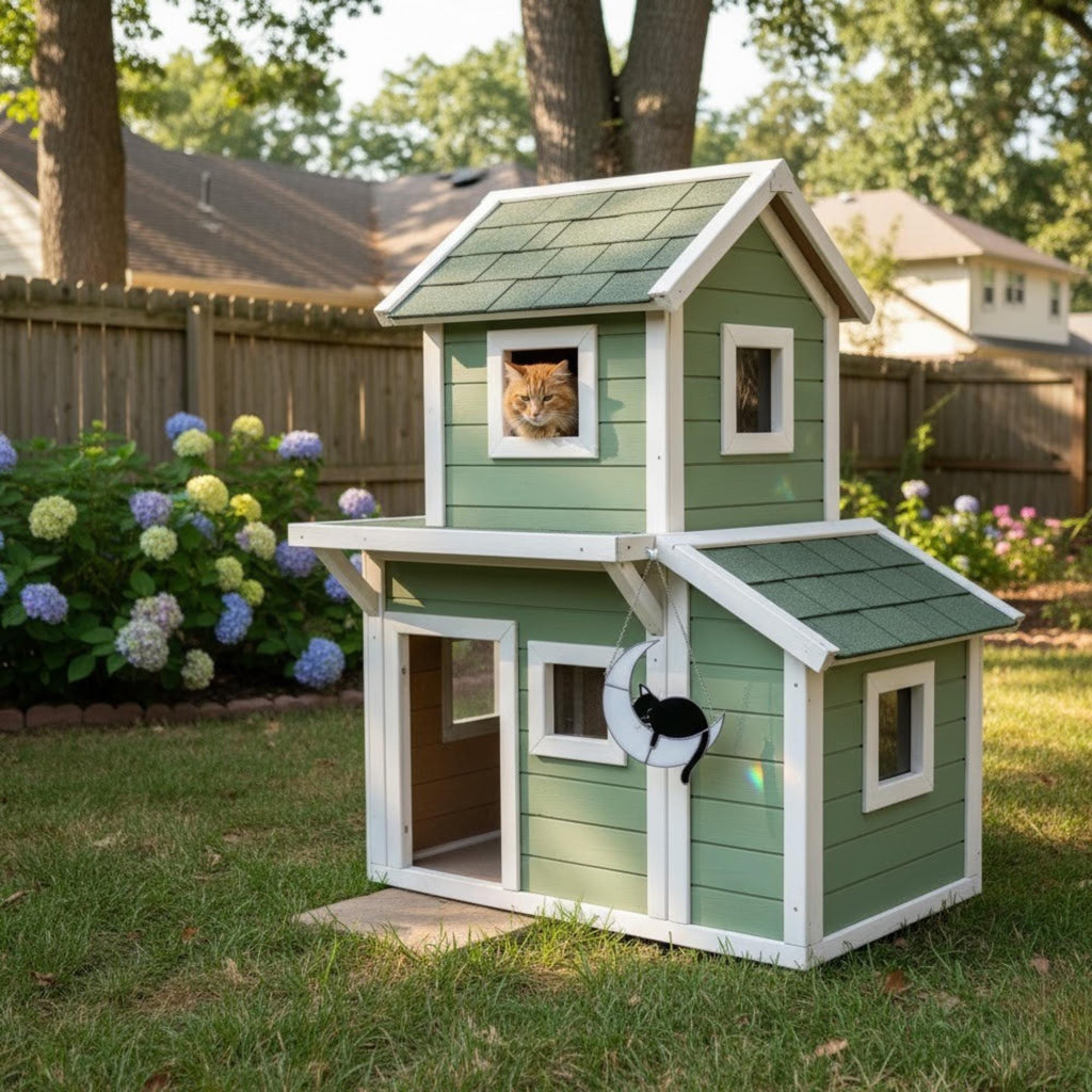 Cat moon suncatcher hanging outside near garden, whimsical outdoor decor