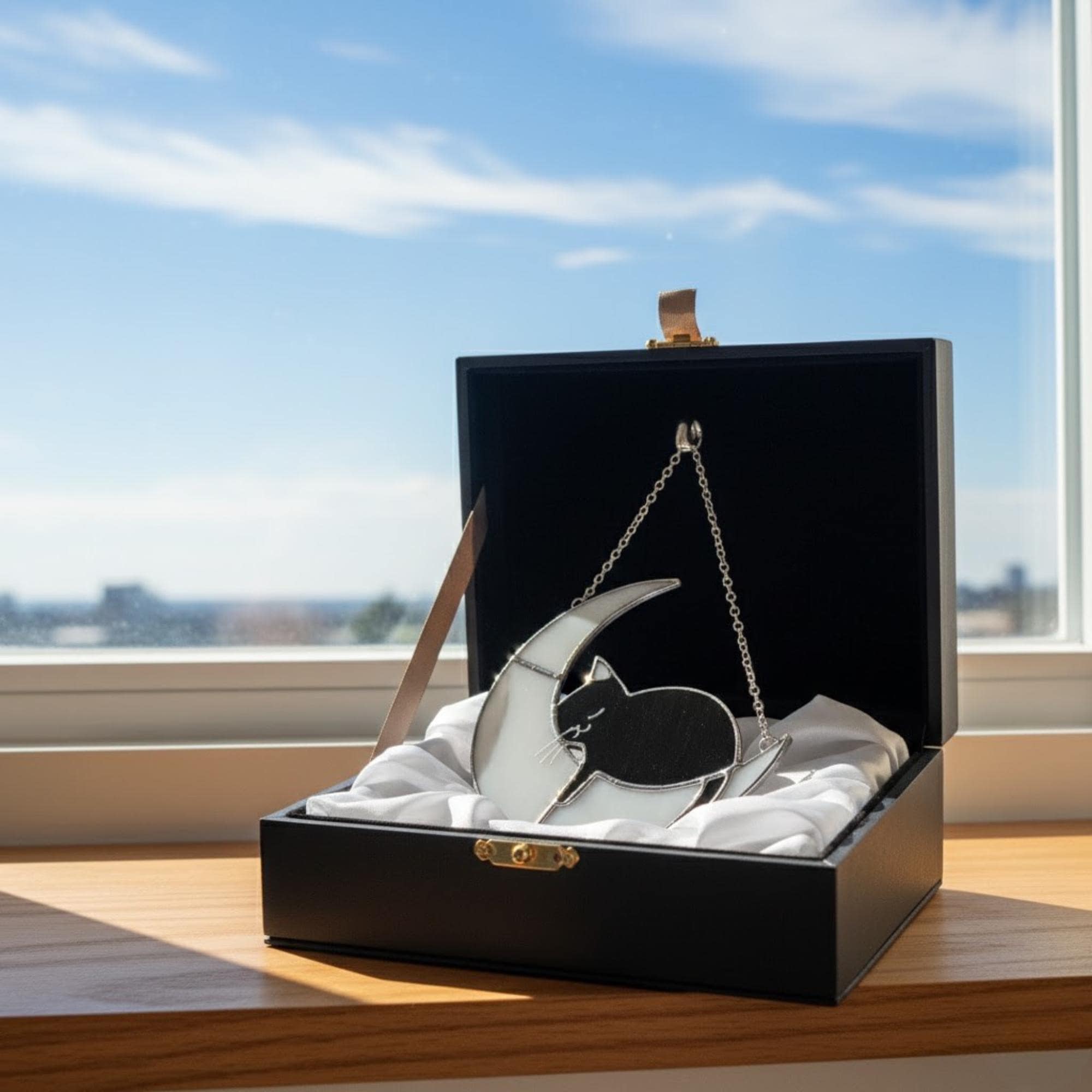 Cat on the moon stained glass ornament in gift box, handmade cat lover gift