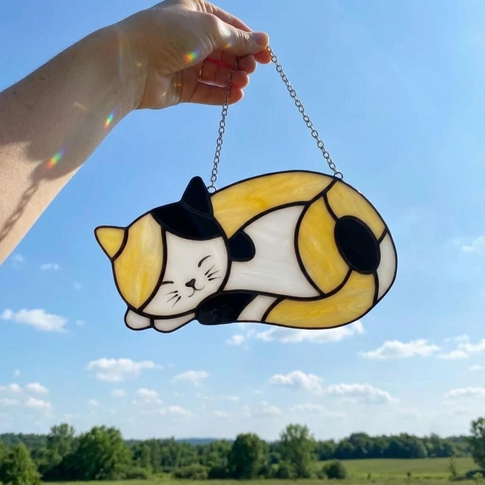 Stained Glass Sleeping Cat Suncatcher with Wood Stand | Orange Tabby Tuxedo Pet Memorial Gift | Loss Sympathy Gift for Mom | Window Decor