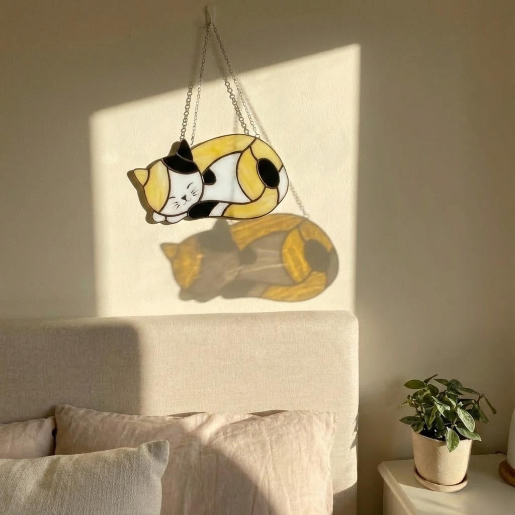Stained Glass Sleeping Cat Suncatcher with Wood Stand | Orange Tabby Tuxedo Pet Memorial Gift | Loss Sympathy Gift for Mom | Window Decor
