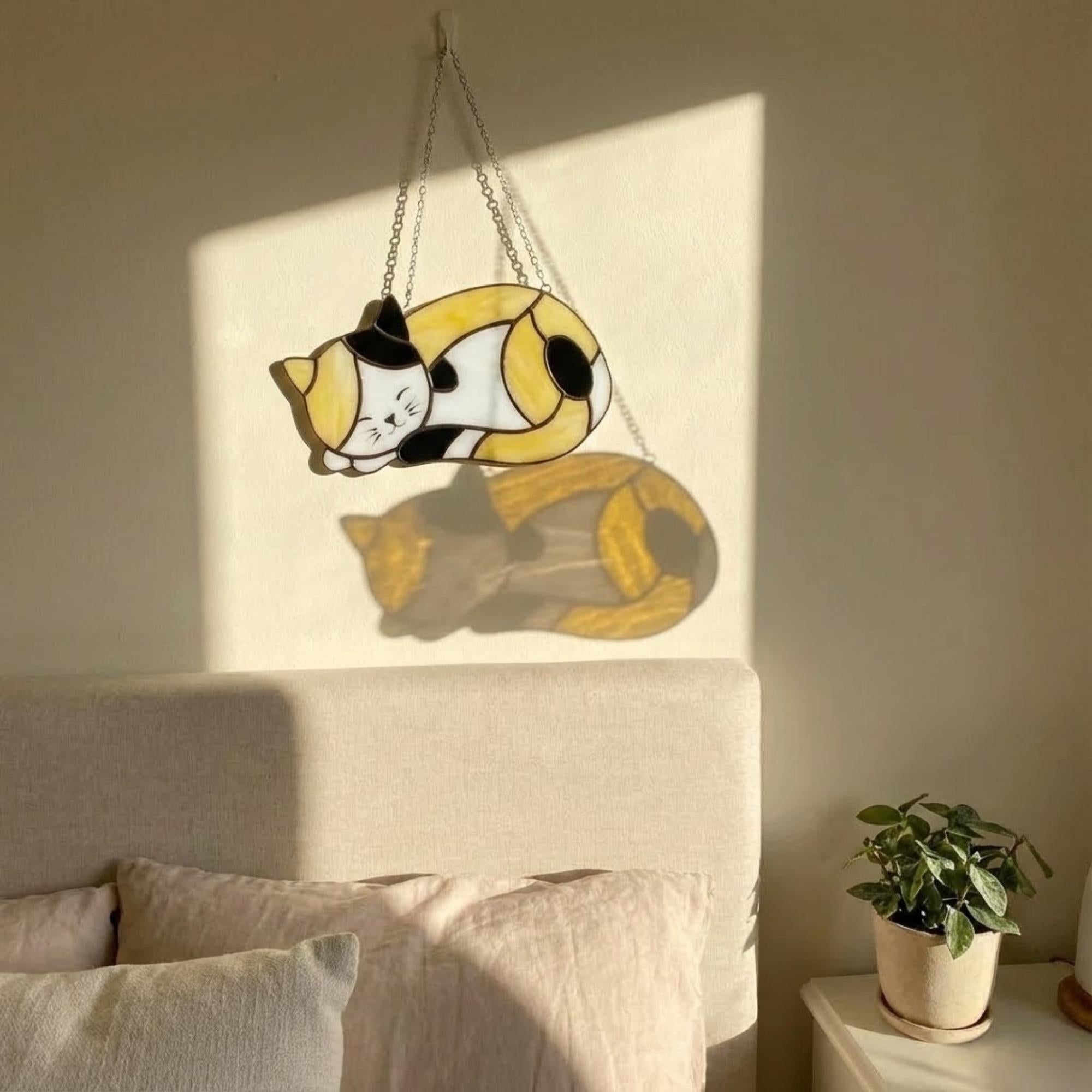 Stained Glass Sleeping Cat Suncatcher with Wood Stand | Orange Tabby Tuxedo Pet Memorial Gift | Loss Sympathy Gift for Mom | Window Decor
