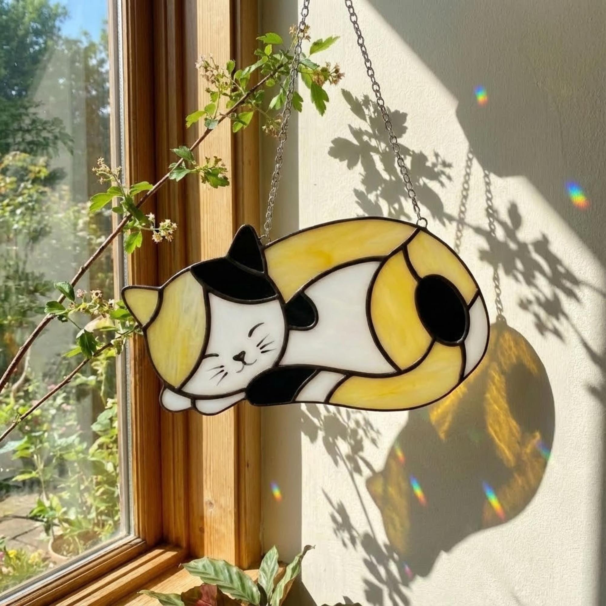 Stained Glass Sleeping Cat Suncatcher with Wood Stand | Orange Tabby Tuxedo Pet Memorial Gift | Loss Sympathy Gift for Mom | Window Decor