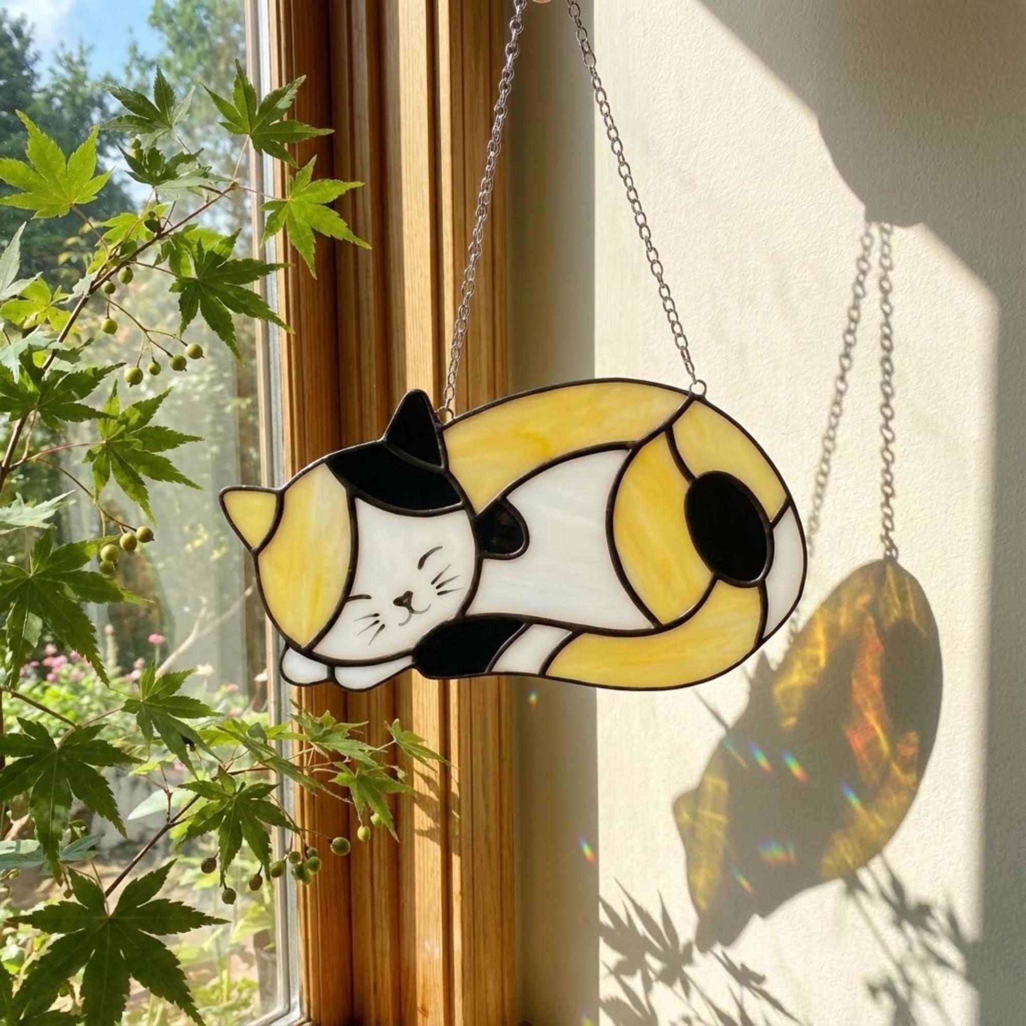 Stained Glass Sleeping Cat Suncatcher with Wood Stand | Orange Tabby Tuxedo Pet Memorial Gift | Loss Sympathy Gift for Mom | Window Decor