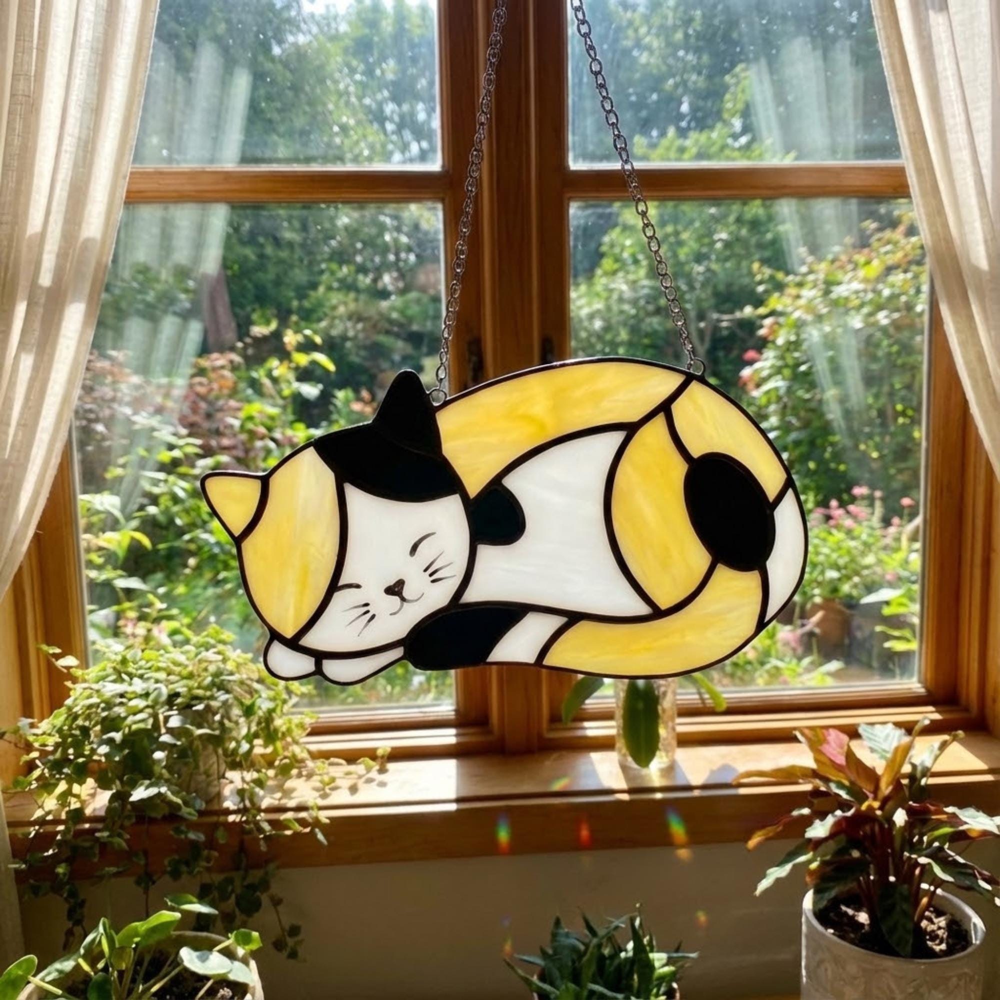 Stained Glass Sleeping Cat Suncatcher with Wood Stand | Orange Tabby Tuxedo Pet Memorial Gift | Loss Sympathy Gift for Mom | Window Decor