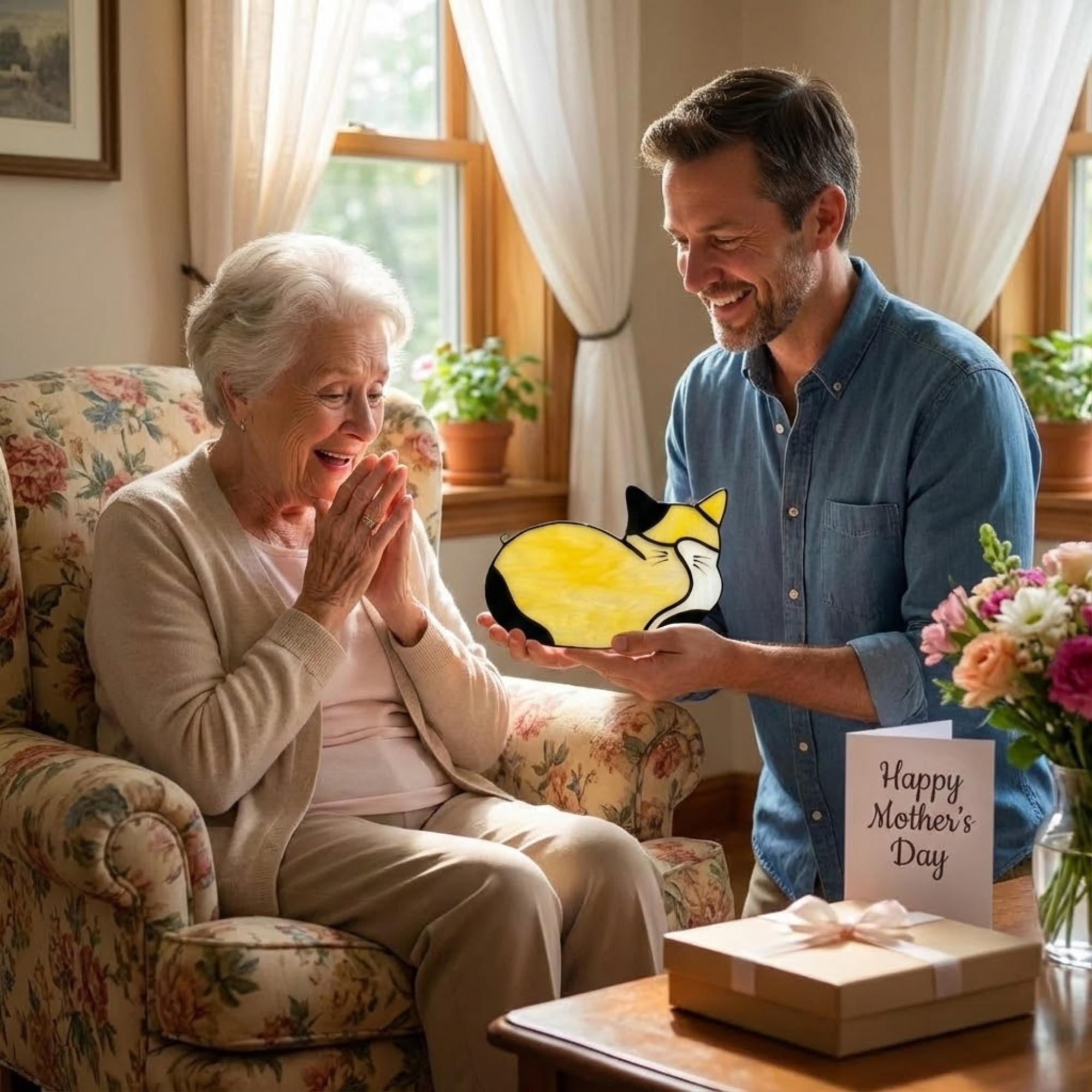 Stained Glass Sleeping Cat Suncatcher with Wood Stand | Orange Tabby Tuxedo Pet Memorial Gift | Loss Sympathy Gift for Mom | Window Decor