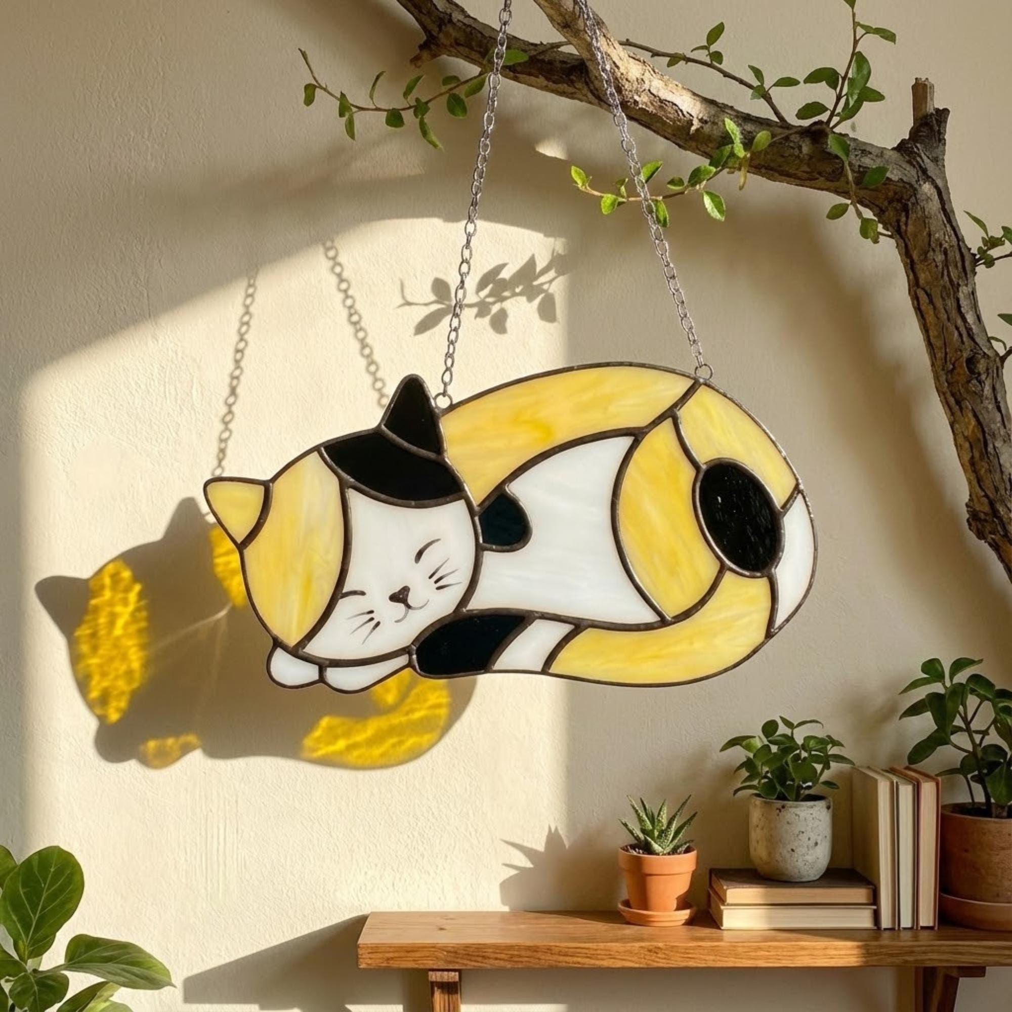 Stained glass sleeping cat suncatcher in orange tabby and tuxedo colors, curled up pose, hanging in a window or resting on a wooden stand.