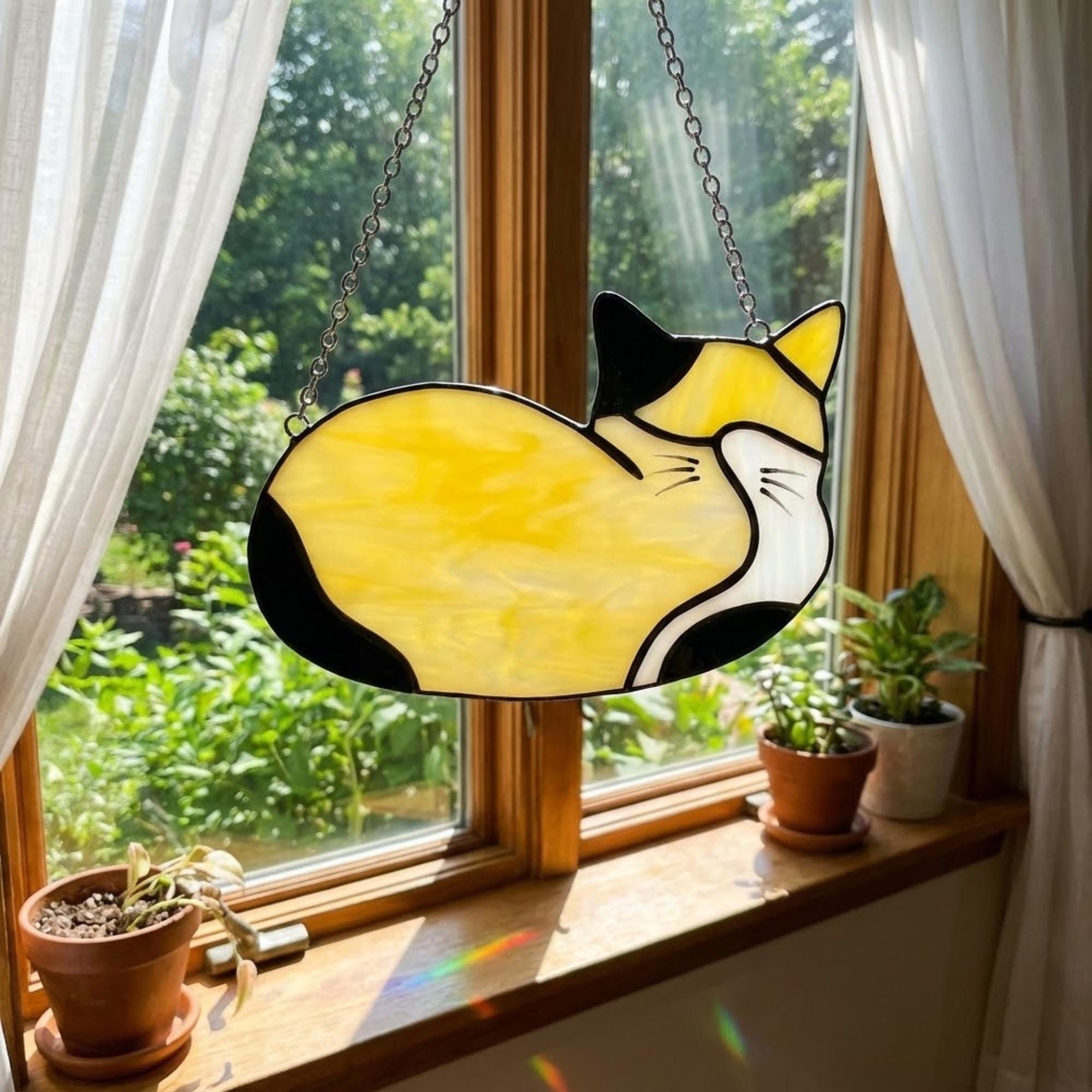 Stained Glass Sleeping Cat Suncatcher with Wood Stand | Orange Tabby Tuxedo Pet Memorial Gift | Loss Sympathy Gift for Mom | Window Decor