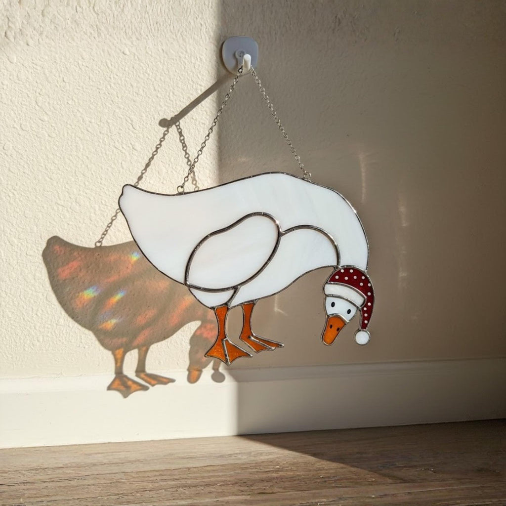 Goose stained glass ornament with scarf and hat, holiday bird decoration
