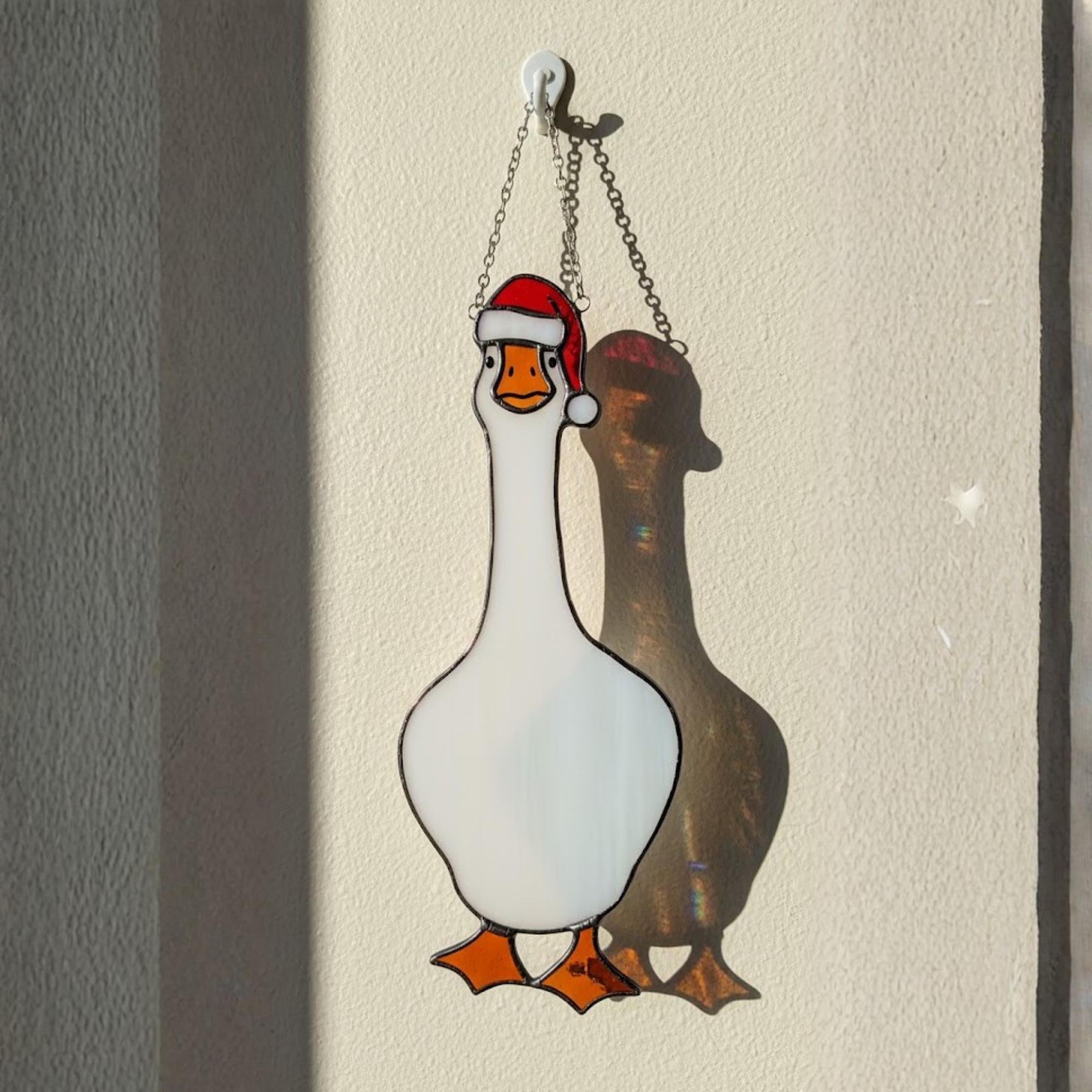 Three stained glass geese hanging together, farmhouse window decor