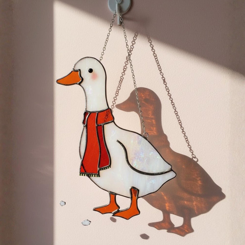 Two stained glass geese walking pair design, cottagecore wall decor