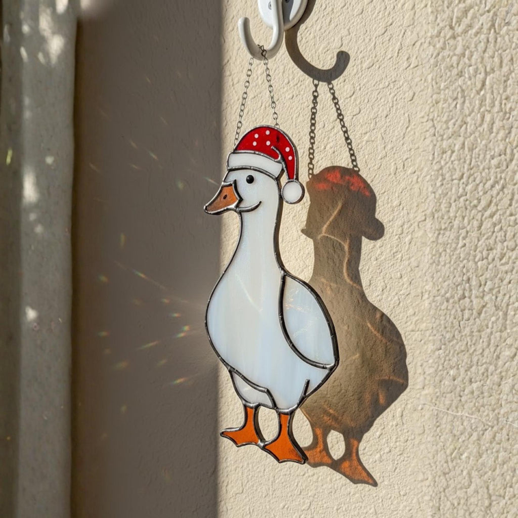 Goose with polka dot scarf stained glass suncatcher, festive whimsical décor