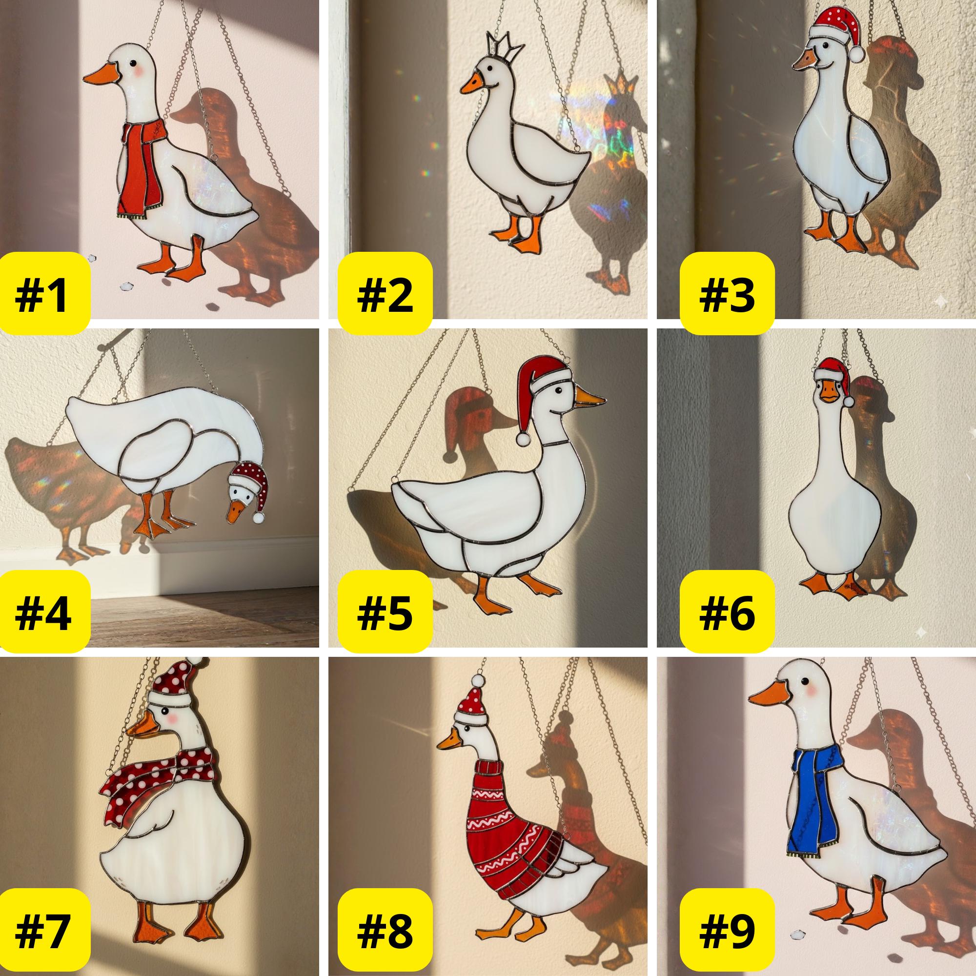 Goose design chart with nine stained glass options, unique bird suncatcher patterns