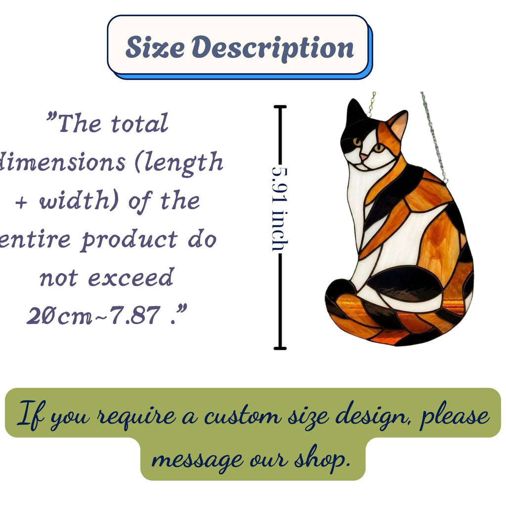 Stained glass Calico cat suncatcher with orange black and white patches, available in sitting and sleeping poses, window hanging or wood stand decor.
