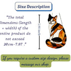 Stained glass Calico cat suncatcher with orange black and white patches, available in sitting and sleeping poses, window hanging or wood stand decor.