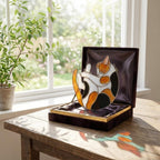 Stained glass Calico cat suncatcher with orange black and white patches, available in sitting and sleeping poses, window hanging or wood stand decor.