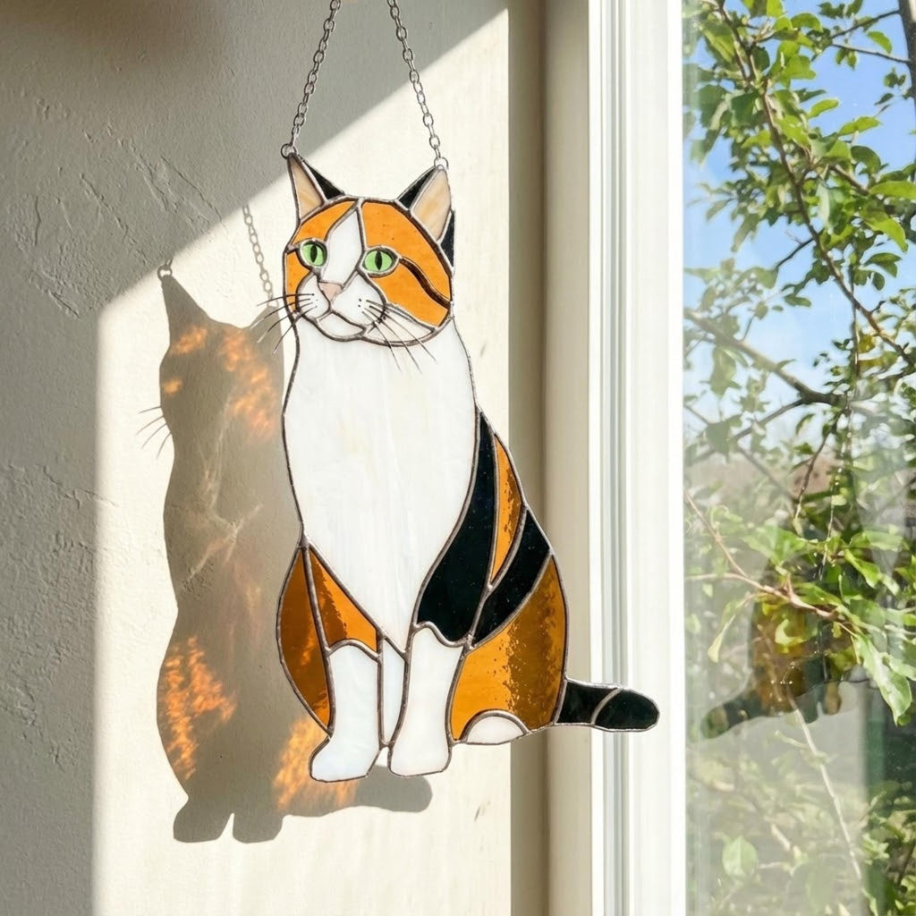 Stained glass Calico cat suncatcher with orange black and white patches, available in sitting and sleeping poses, window hanging or wood stand decor.