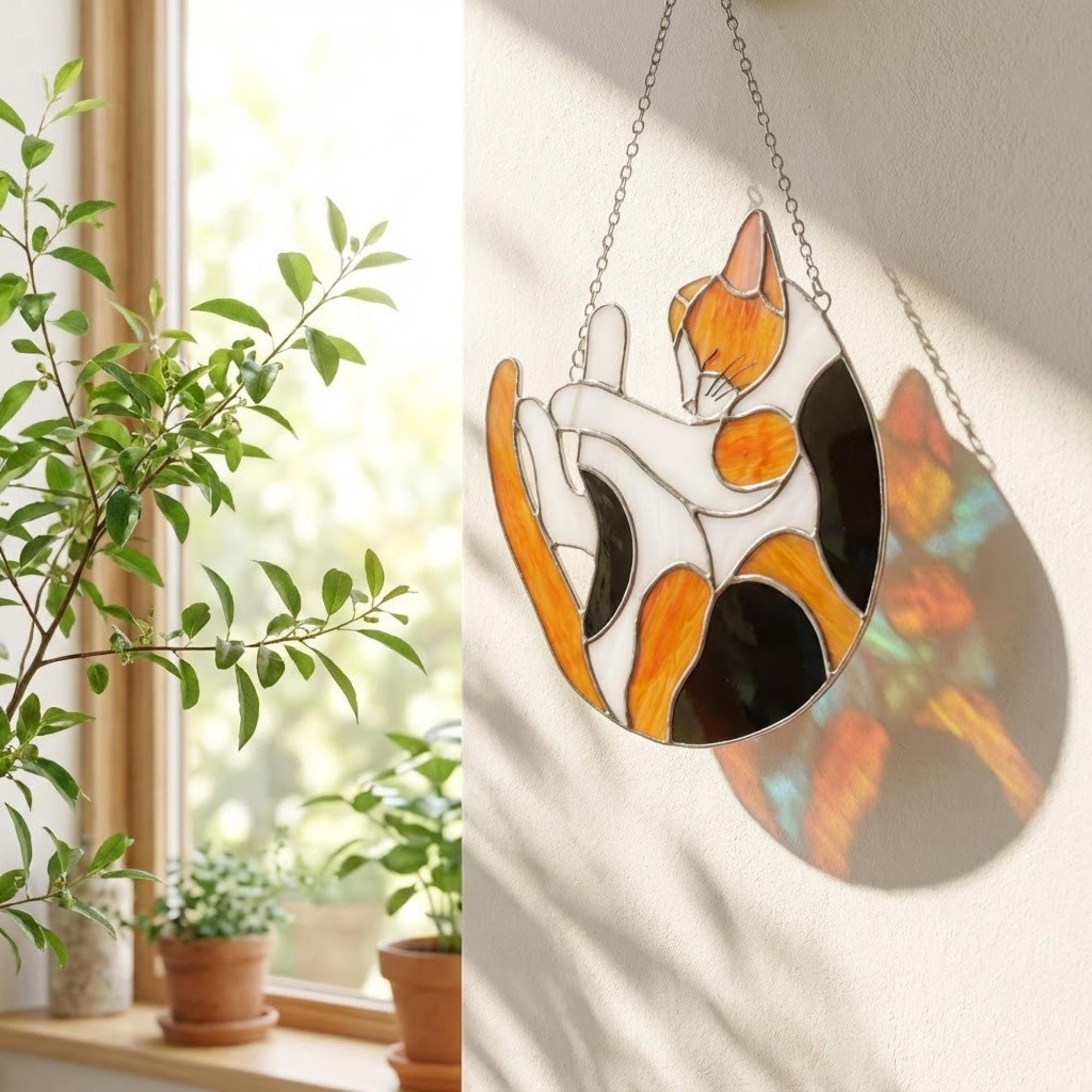 Stained glass Calico cat suncatcher with orange black and white patches, available in sitting and sleeping poses, window hanging or wood stand decor.