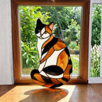 Stained glass Calico cat suncatcher with orange black and white patches, available in sitting and sleeping poses, window hanging or wood stand decor.