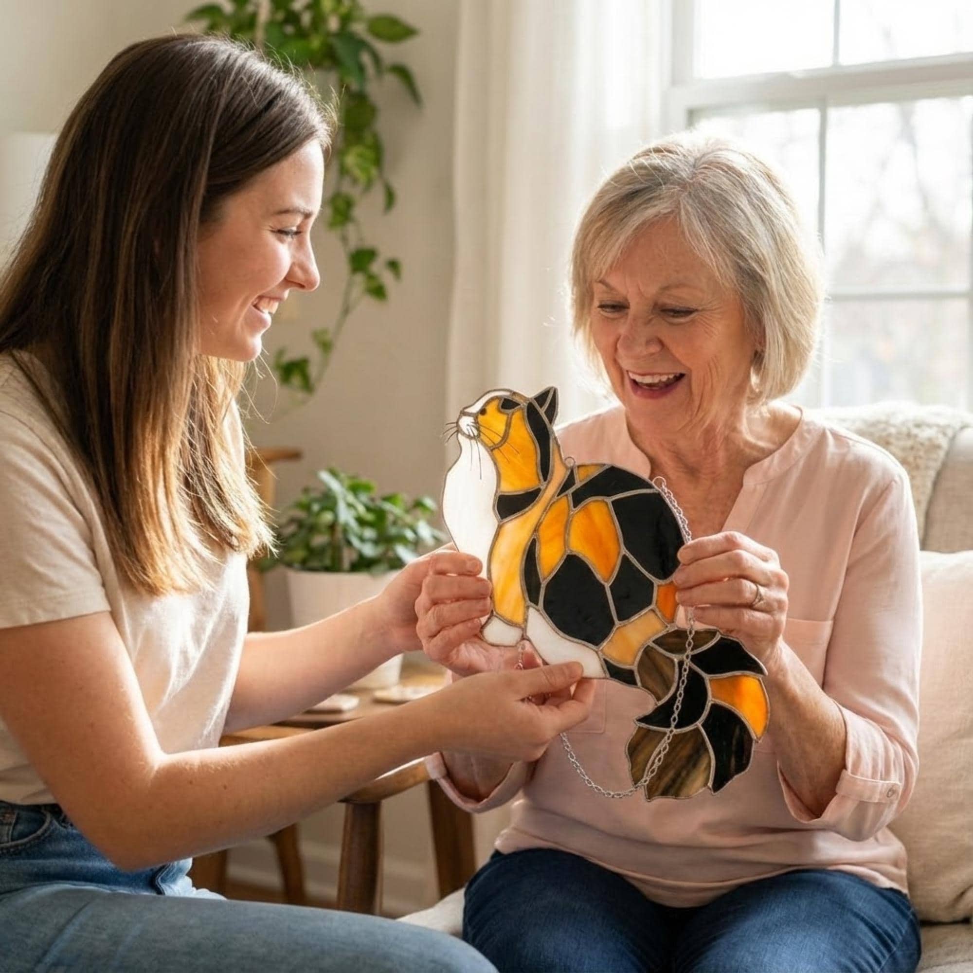 Stained glass Calico cat suncatcher with orange black and white patches, available in sitting and sleeping poses, window hanging or wood stand decor.