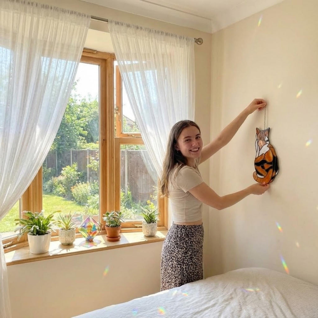 Stained glass Calico cat suncatcher with orange black and white patches, available in sitting and sleeping poses, window hanging or wood stand decor.