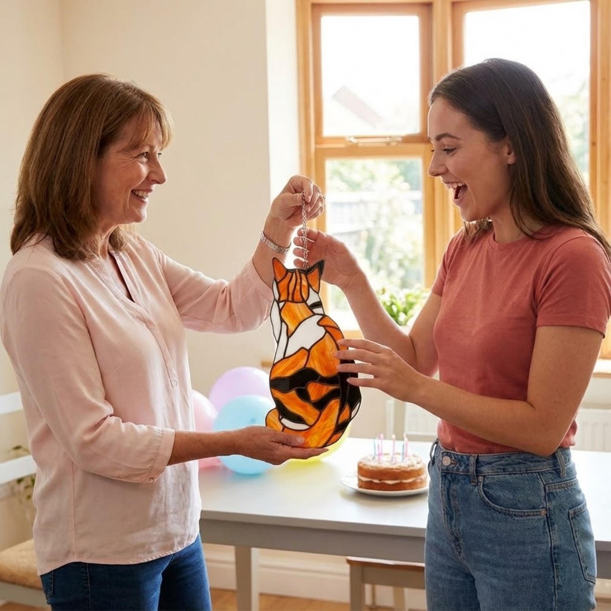 Stained glass Calico cat suncatcher with orange black and white patches, available in sitting and sleeping poses, window hanging or wood stand decor.
