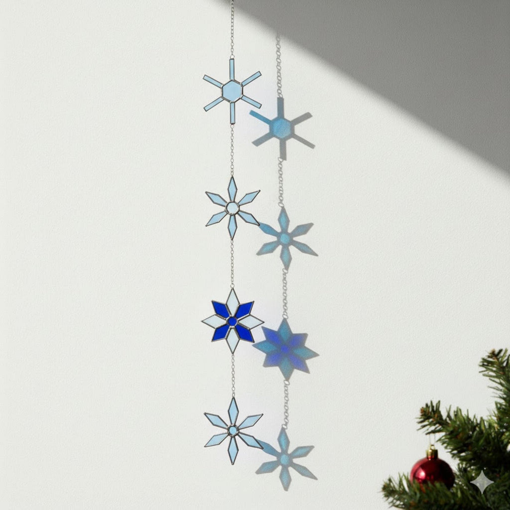 Snowflake Stained Glass Suncatcher – Christmas Star Ornament, Handmade Winter Decor, Stained Glass Wall Hanging, Holiday Gift