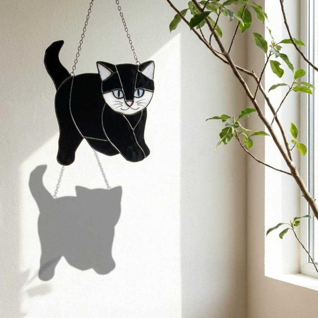 Stained glass Tuxedo cat suncatcher in black and white, available in funny lounging and sitting poses, window hanging or wood stand decor.
