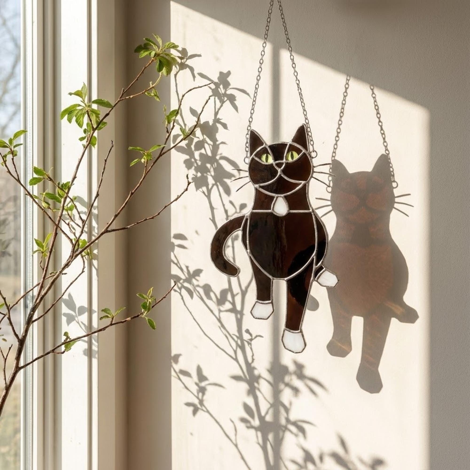 Stained glass Tuxedo cat suncatcher in black and white, available in funny lounging and sitting poses, window hanging or wood stand decor.