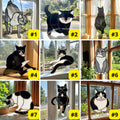 Stained glass Tuxedo cat suncatcher in black and white, available in funny lounging and sitting poses, window hanging or wood stand decor.