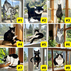 Stained glass Tuxedo cat suncatcher in black and white, available in funny lounging and sitting poses, window hanging or wood stand decor.