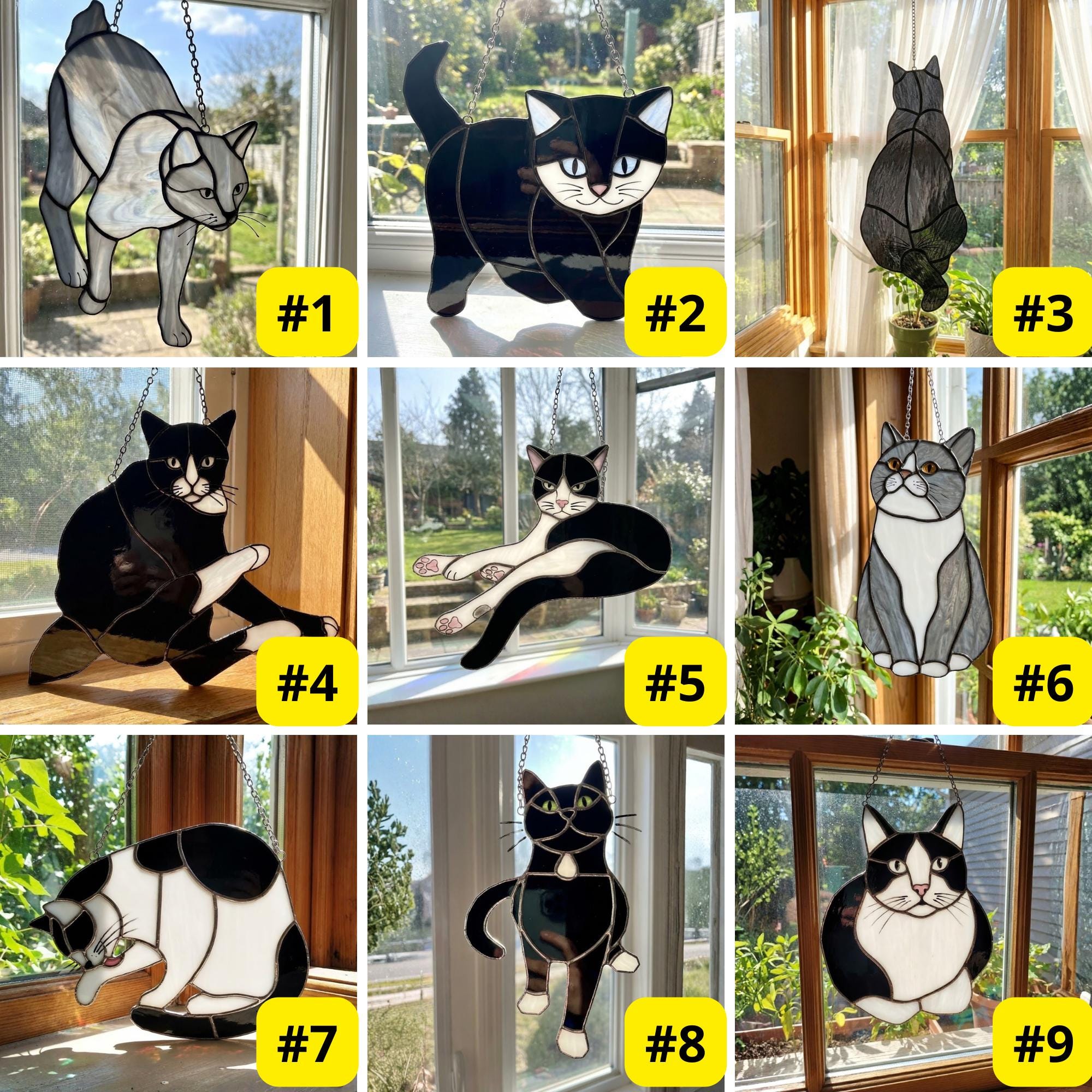 Stained glass Tuxedo cat suncatcher in black and white, available in funny lounging and sitting poses, window hanging or wood stand decor.