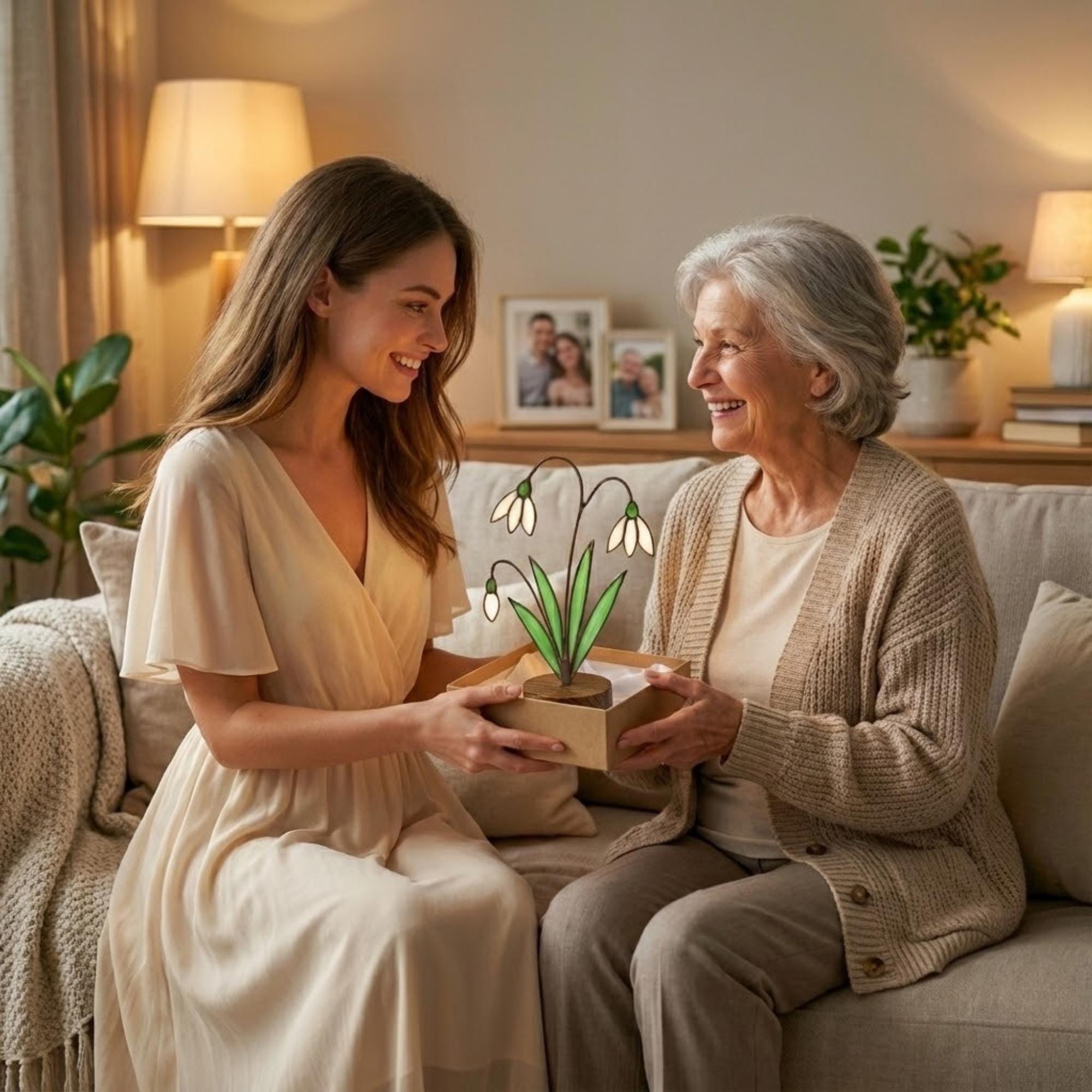 Snowdrop Stained Glass Flower, January Birth Flower Gift for Mom, 3D Floral Table Decor, Grandma Birthday Present, Wood Stand Art