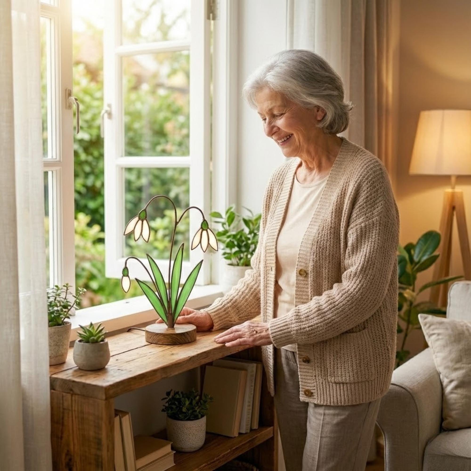 Snowdrop Stained Glass Flower, January Birth Flower Gift for Mom, 3D Floral Table Decor, Grandma Birthday Present, Wood Stand Art