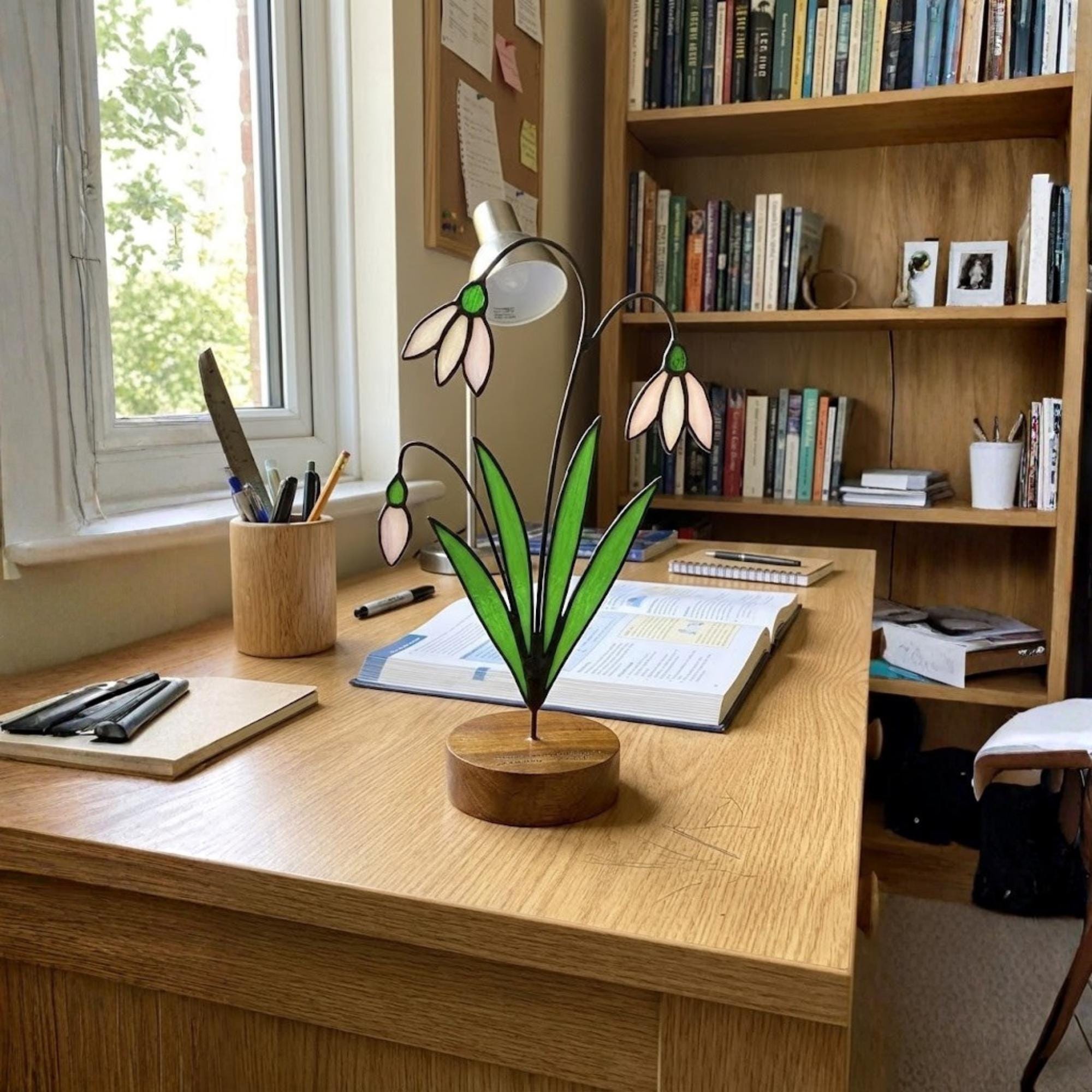 Snowdrop Stained Glass Flower, January Birth Flower Gift for Mom, 3D Floral Table Decor, Grandma Birthday Present, Wood Stand Art