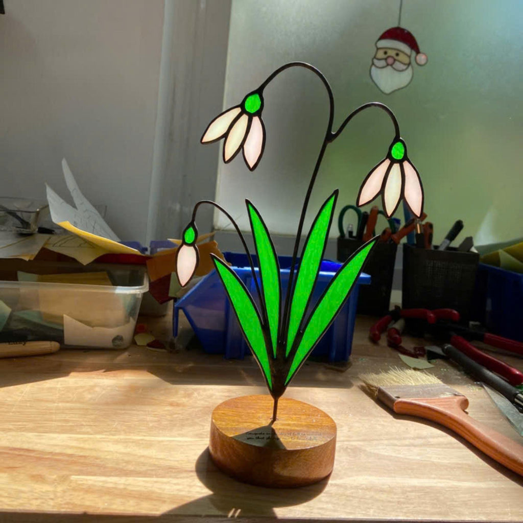 Snowdrop Stained Glass Flower, January Birth Flower Gift for Mom, 3D Floral Table Decor, Grandma Birthday Present, Wood Stand Art