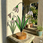 Snowdrop Stained Glass Flower, January Birth Flower Gift for Mom, 3D Floral Table Decor, Grandma Birthday Present, Wood Stand Art