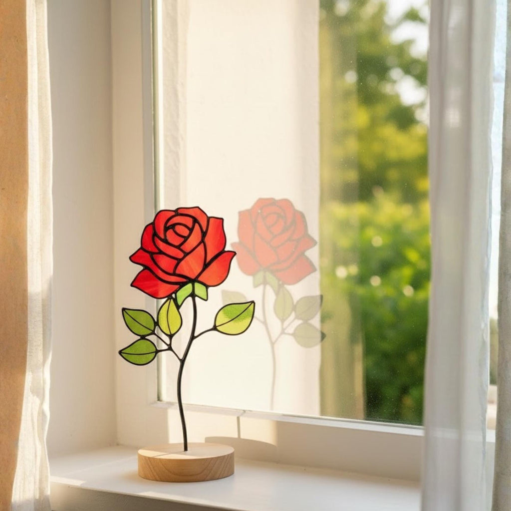 Stained Glass Rose Plant Stake | June Birth Flower Personalized Birthday Gift for Her, Mom, Wife | Floral Glass Art Suncatcher Decor