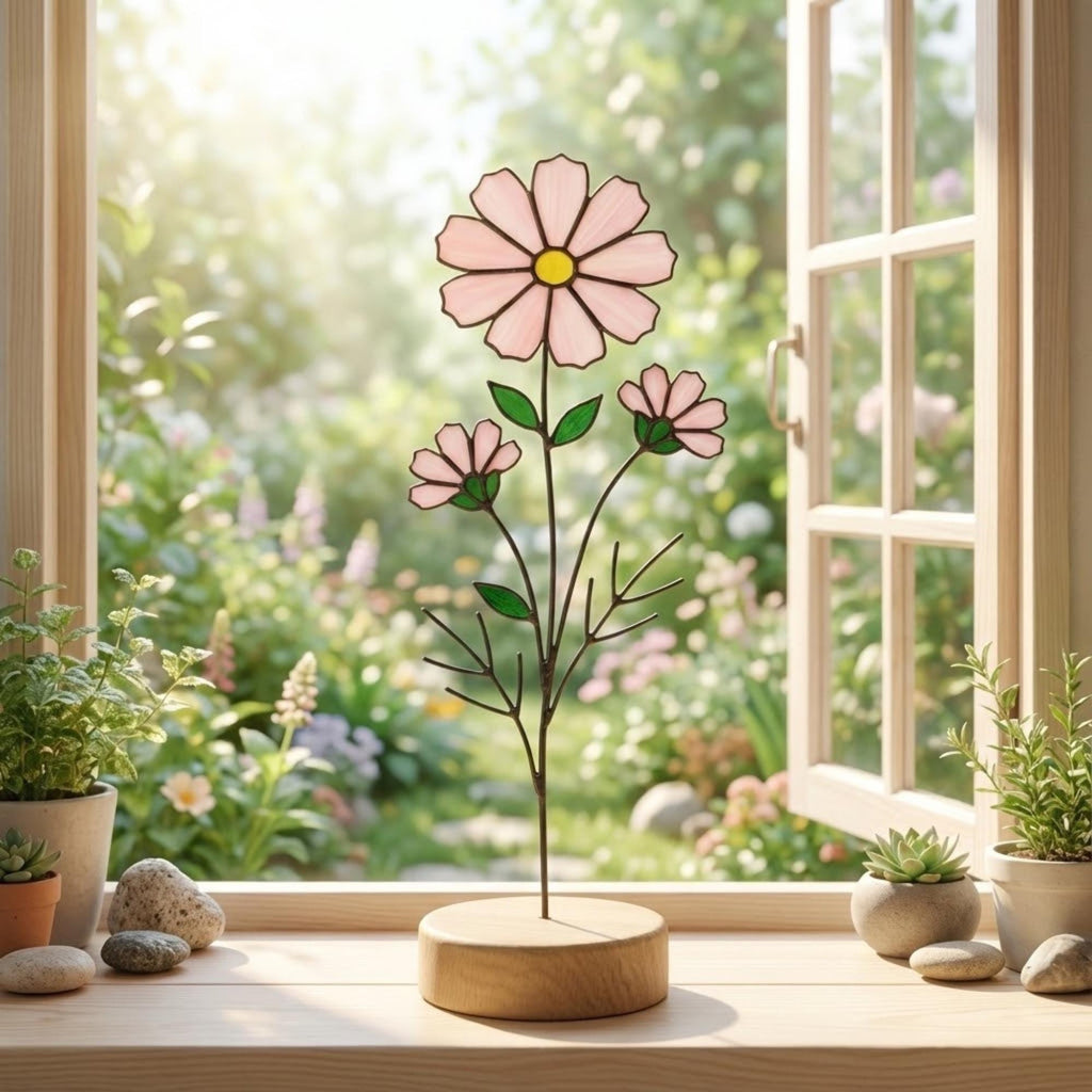 Stained glass birth month flower standing on wood base, personalized gift for mom, available in 12 monthly floral designs like rose iris and daffodil.