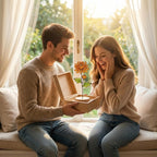 Stained glass birth month flower standing on wood base, personalized gift for mom, available in 12 monthly floral designs like rose iris and daffodil.