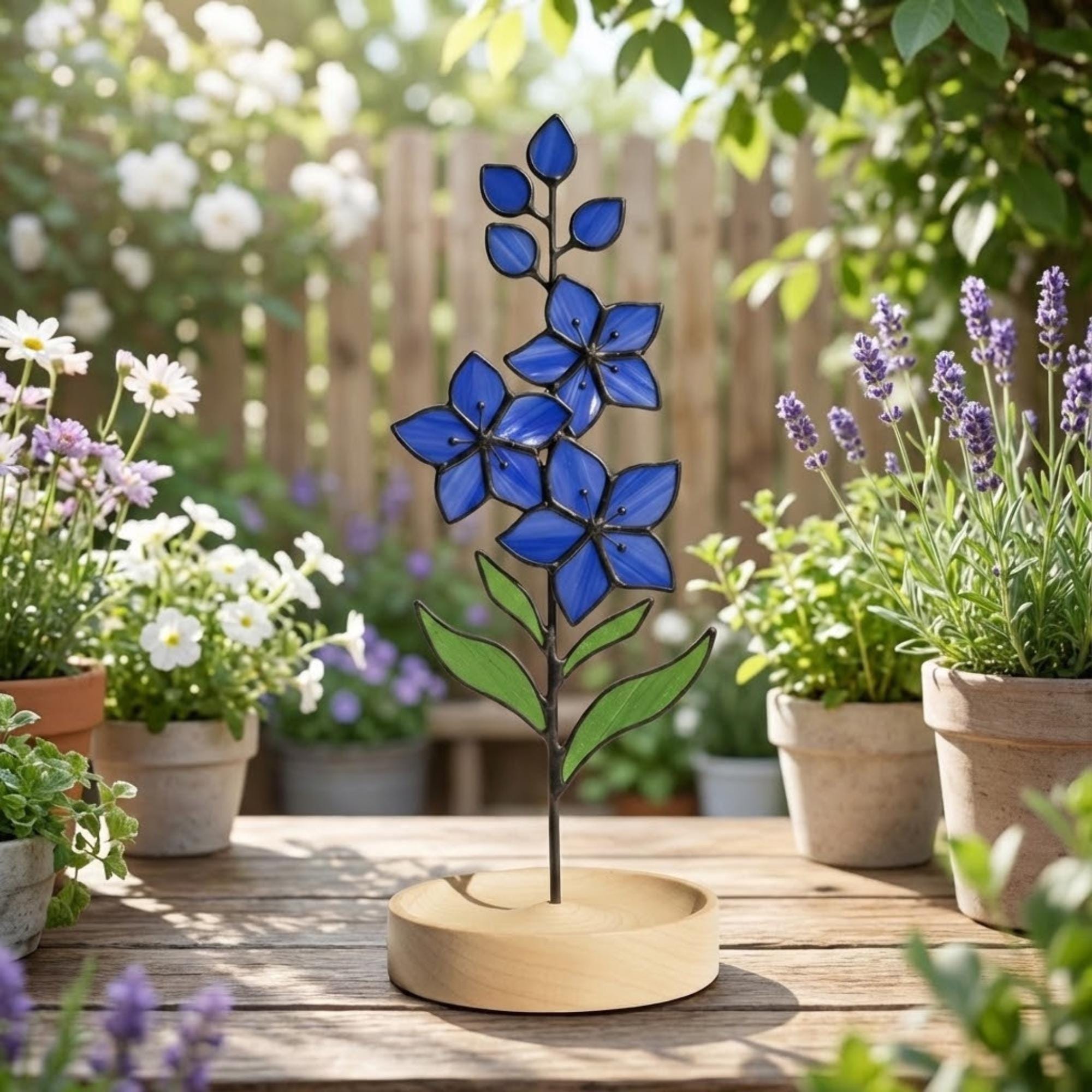 Stained glass birth month flower standing on wood base, personalized gift for mom, available in 12 monthly floral designs like rose iris and daffodil.