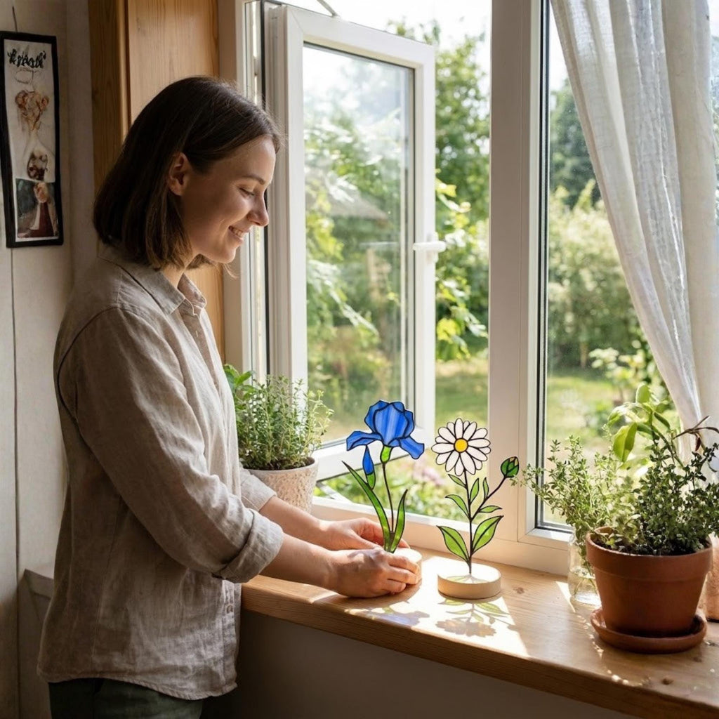 Stained glass birth month flower standing on wood base, personalized gift for mom, available in 12 monthly floral designs like rose iris and daffodil.