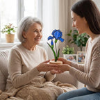 Stained glass birth month flower standing on wood base, personalized gift for mom, available in 12 monthly floral designs like rose iris and daffodil.